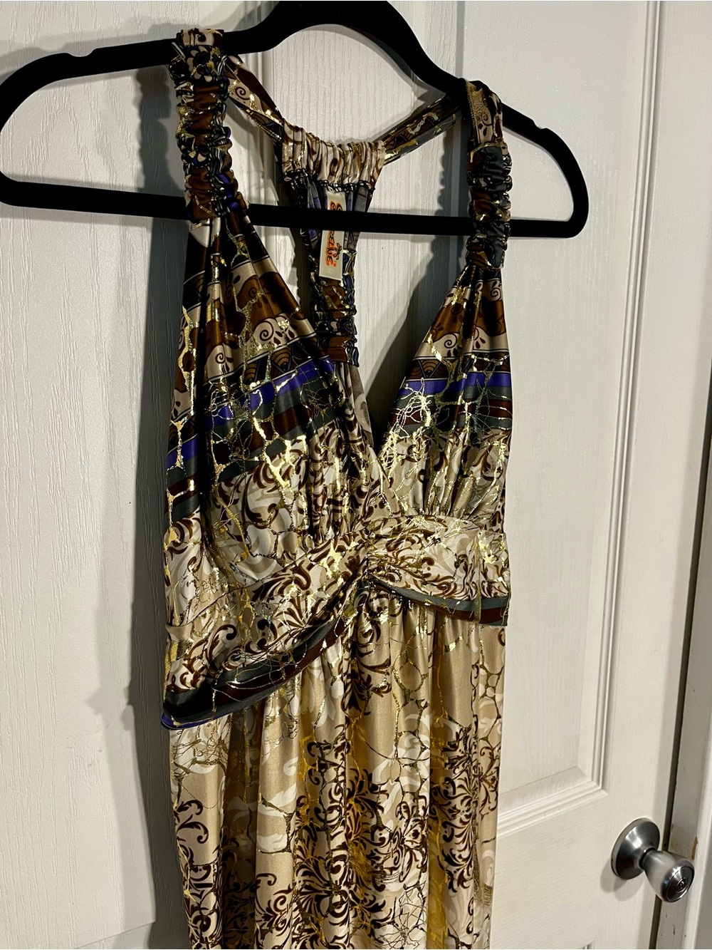Shoreline Bohemian Printed Halter Maxi Dress - Beige, Purple & Gold foil S/M - Picture 11 of 16